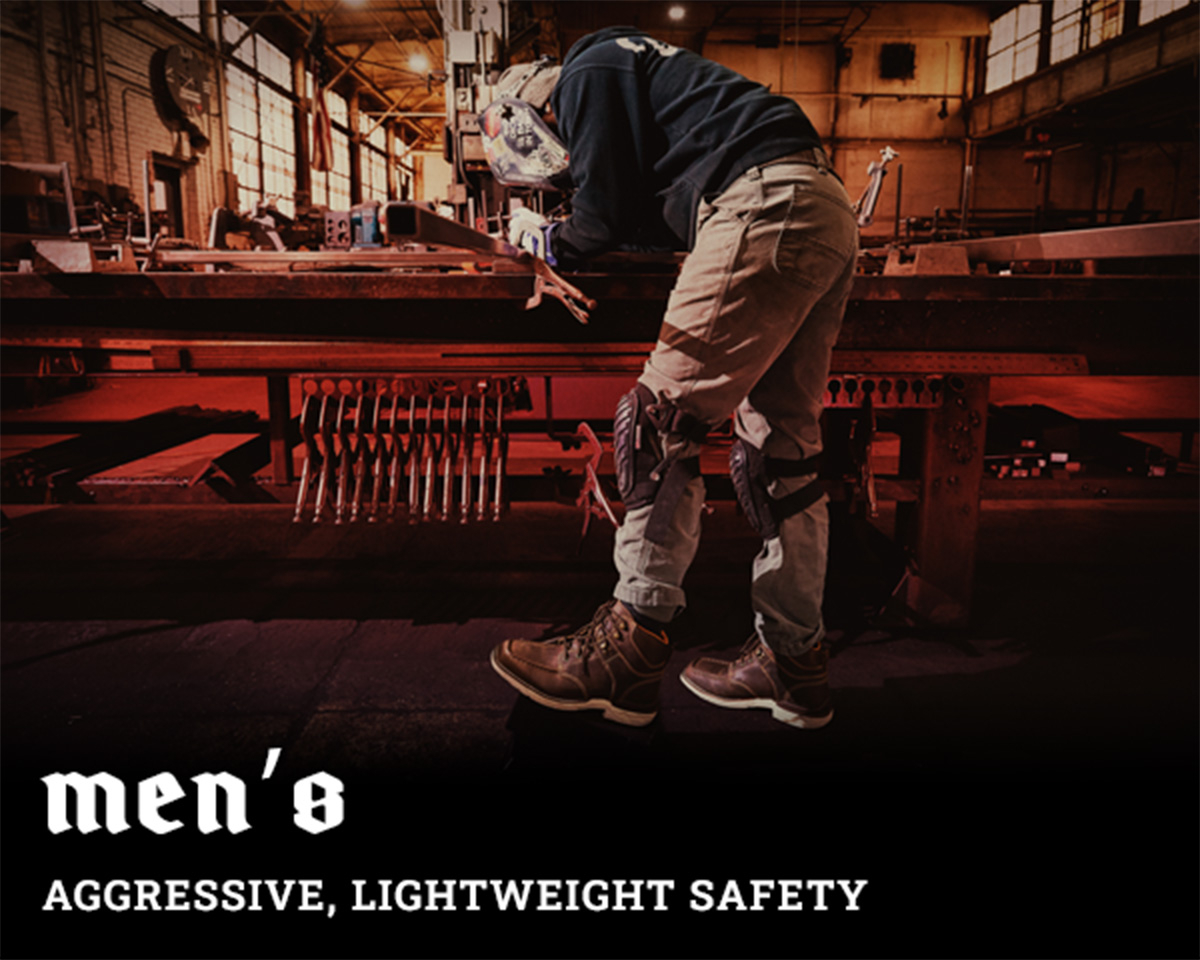 Men's. Aggressive, lightweight safety. A man wearing the Brunel western boot in brown.