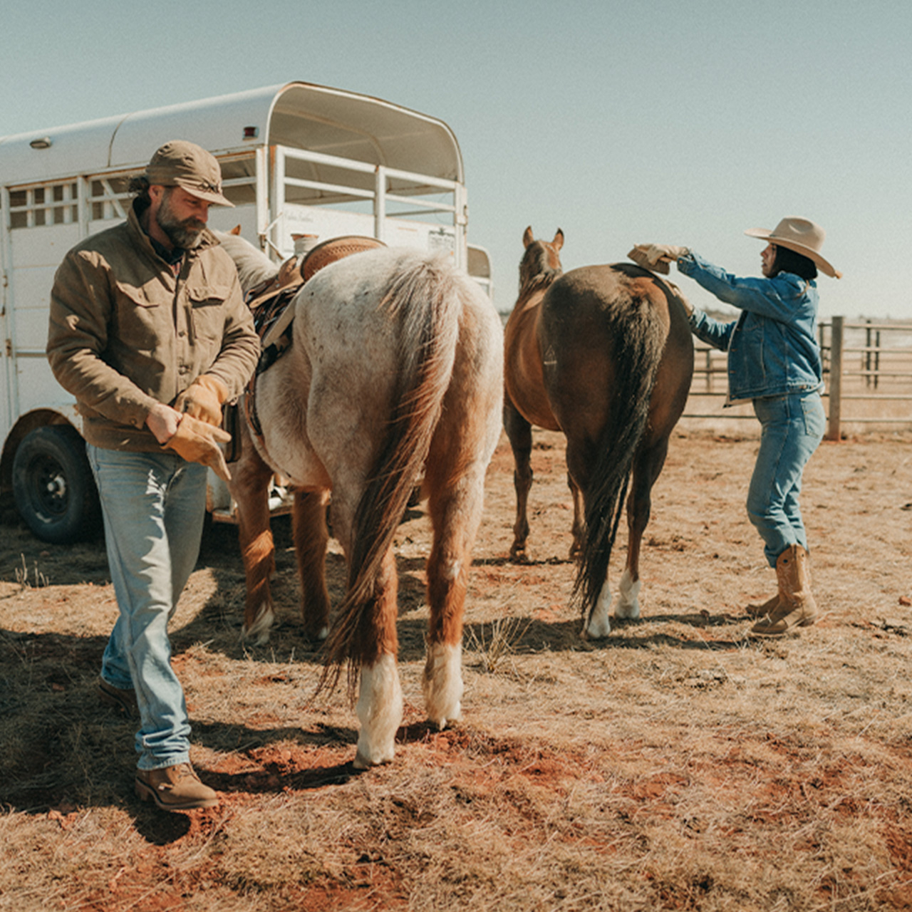 Cowboy and cowgirl next to horses.