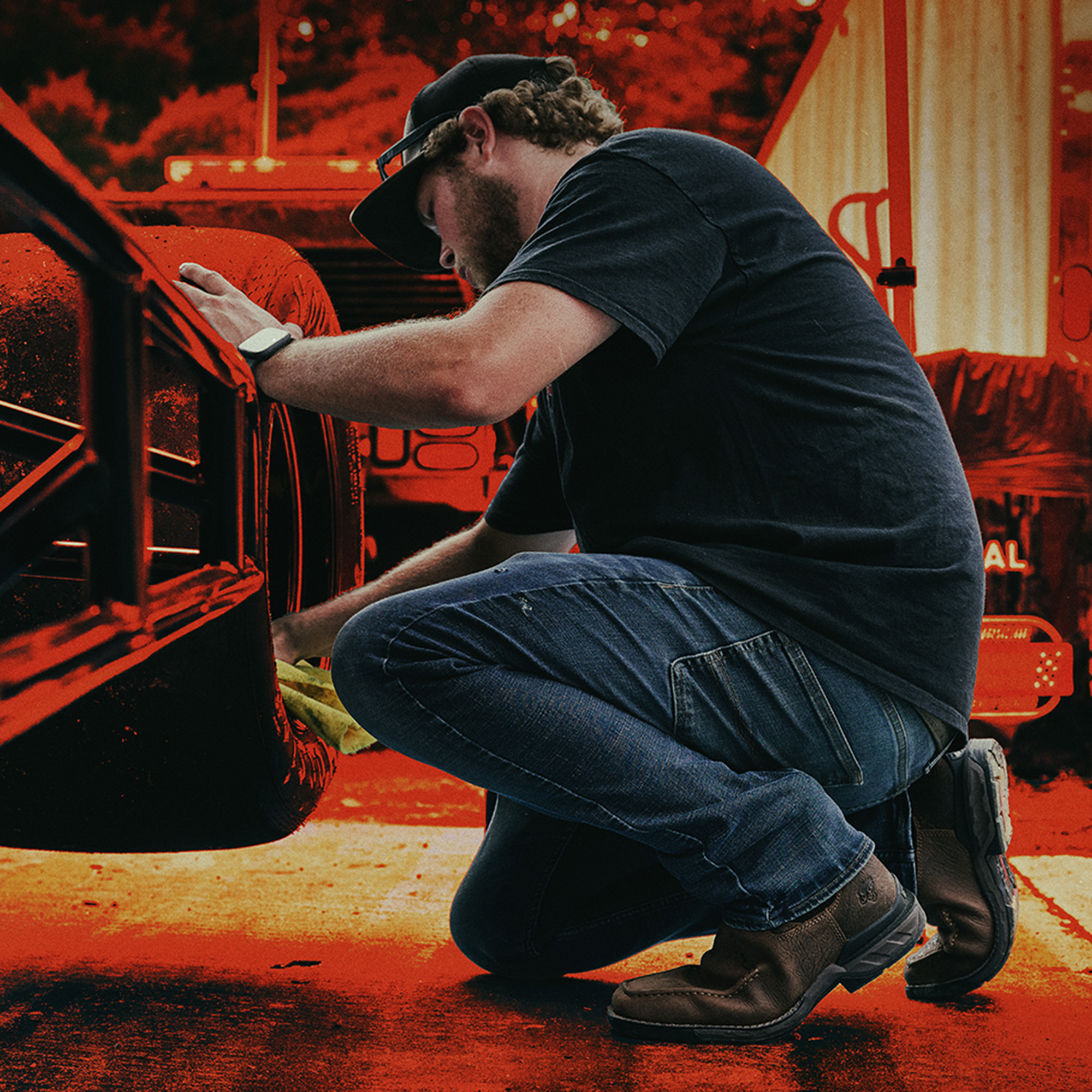 A man working wearing the whitty chelsea boot in brown.
