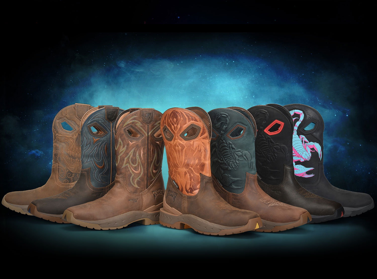 Stinger boots in front of a blue background.