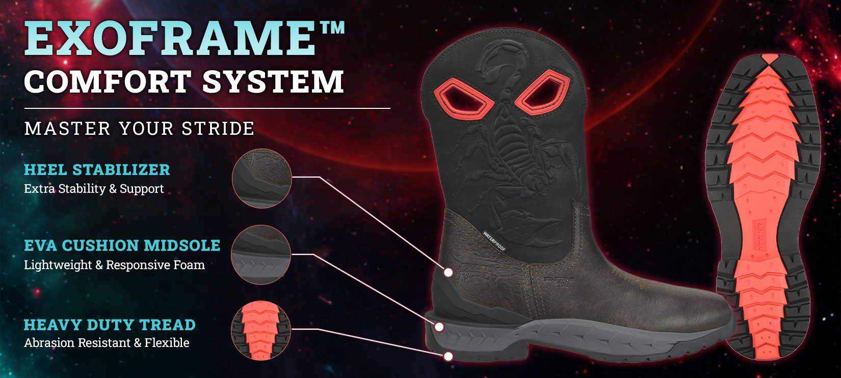 Exoframe&trade; comfort system. Master your stride. Heel stabilizer extra stability & support, eva cushion midsole lightweight & responsive foam, heavy duty tread abrasion resistant & flexible. The Death stalker western boot in brown with close ups of the the sole and features.