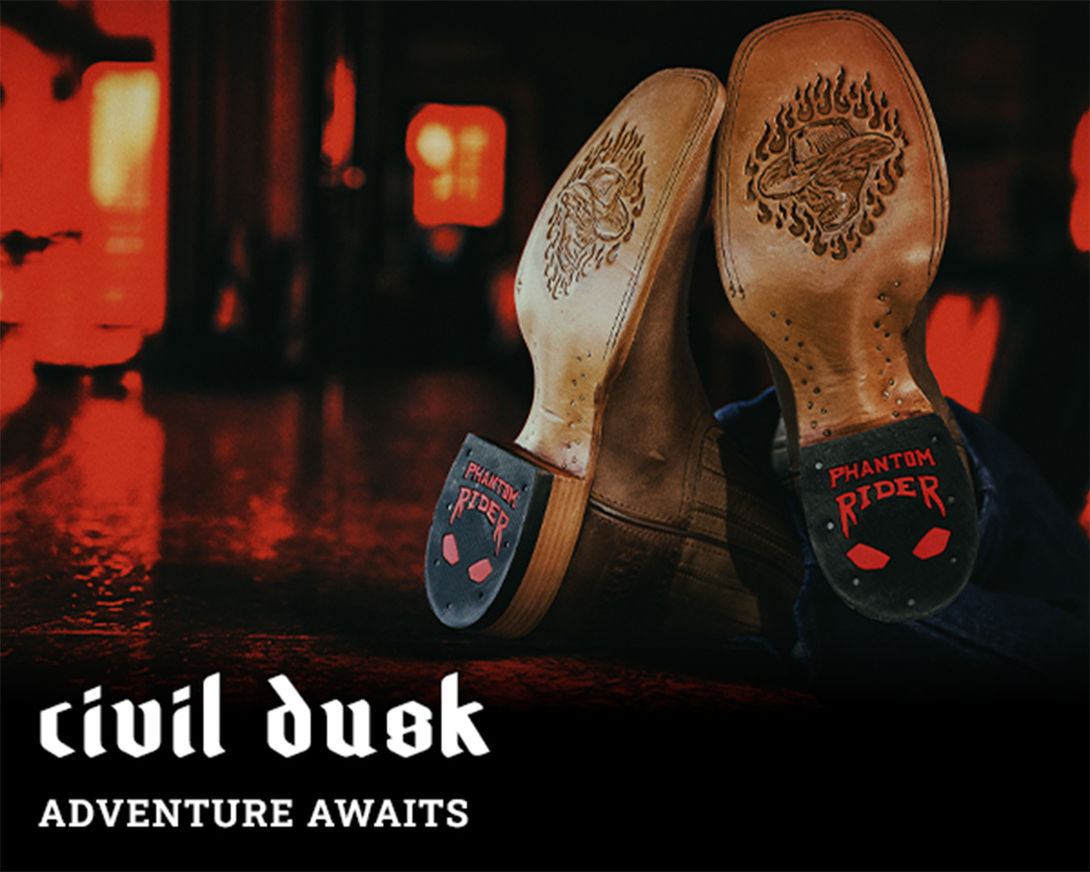 Civil Dusk. Adventure awaits. A man wearing the arcana western boots in brown.