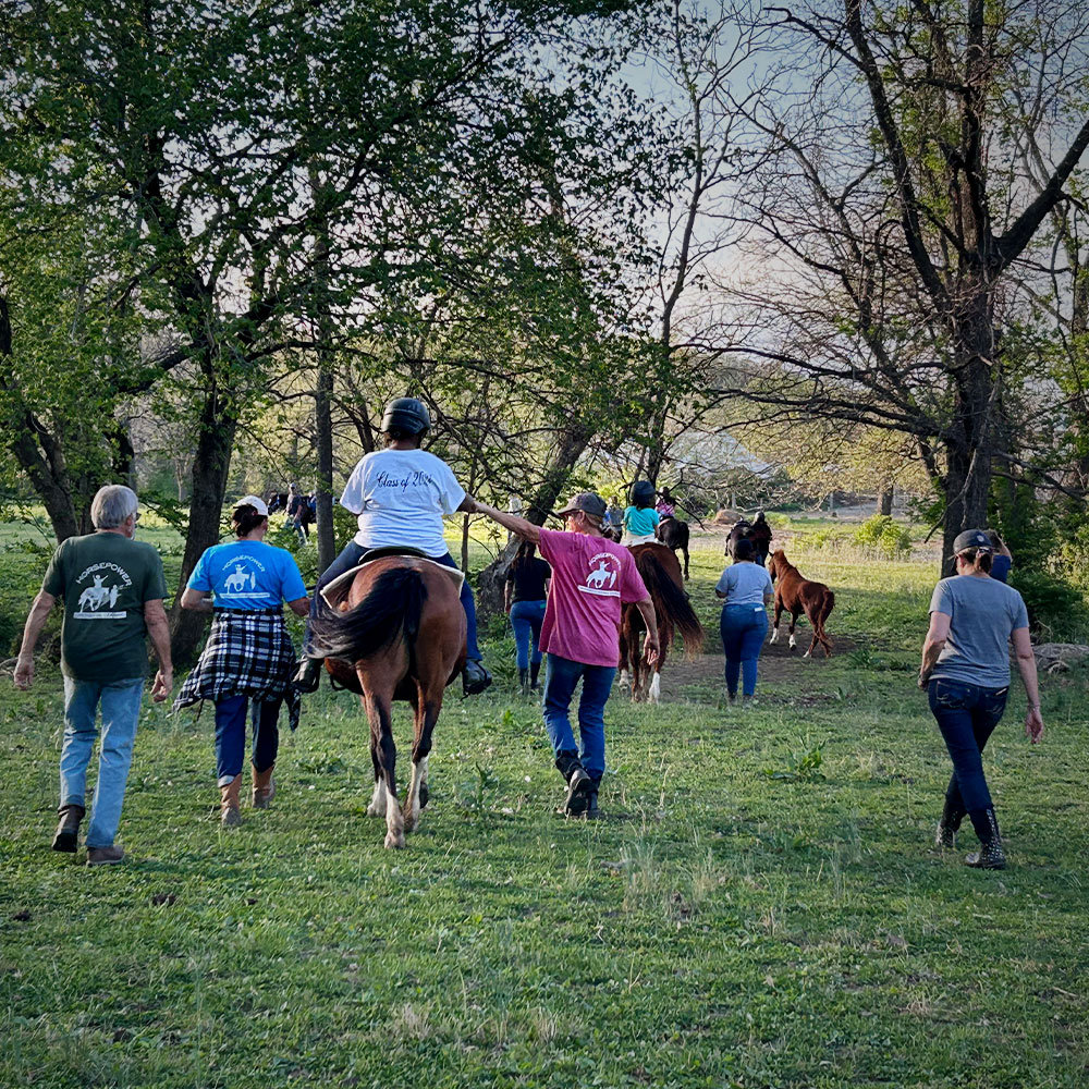 A group of people walking through a field with a person riding a horse. 